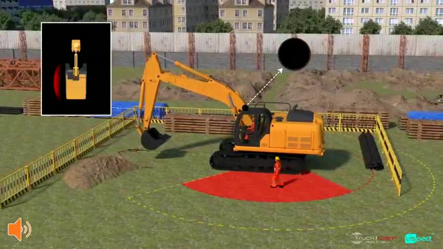 BaggerWarn KI-Personenerkennung – Hydraulikbagger mit Gefahrenzone auf der Baustelle