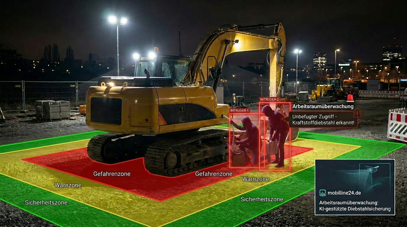 WorkWarn G4 – KI erkennt Eindringlinge am Bagger, Gefahrenzone rot markiert, SMS-Alarm bei Spritklau